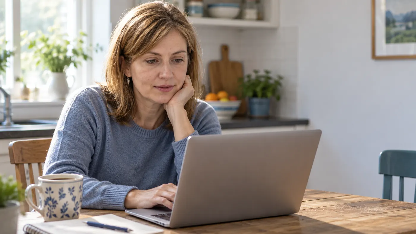 Woman reading on a laptop at her kitchen table