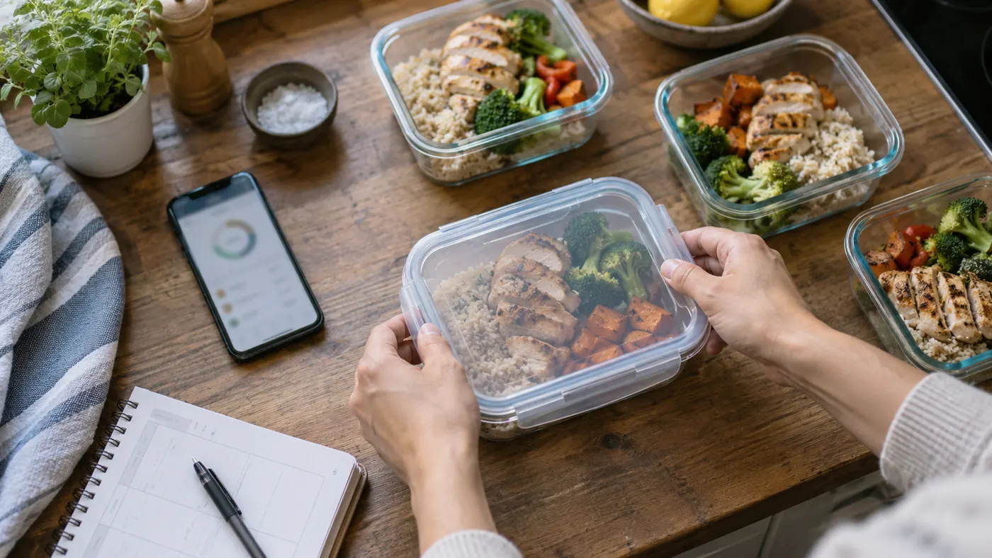 Meal prep containers, a tracking app and a planner on a kitchen counter