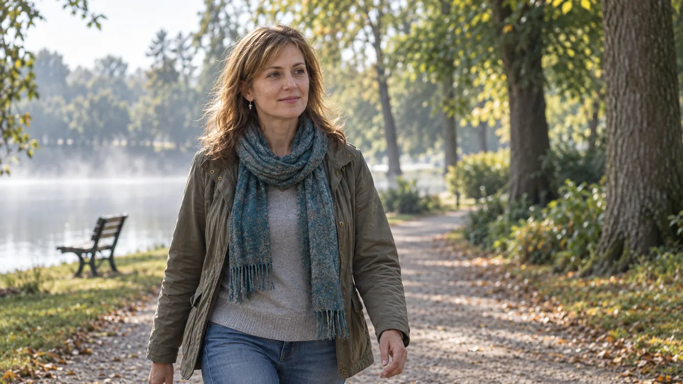 Woman walking along a park path in the morning