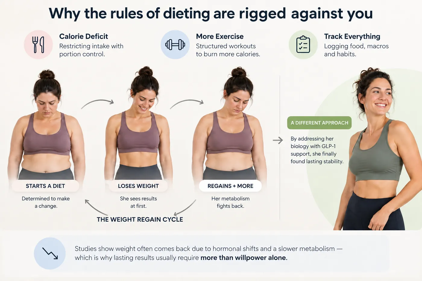 Why the rules of dieting are rigged against you: calorie deficit, more exercise and tracking everything can still lead to the weight regain cycle, until addressing biology with GLP-1 support creates lasting stability.